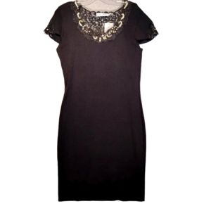 Beta's Choice NWT Black Stretch Knit Gold Sequin Scoop Neck Midi Dress in Medium